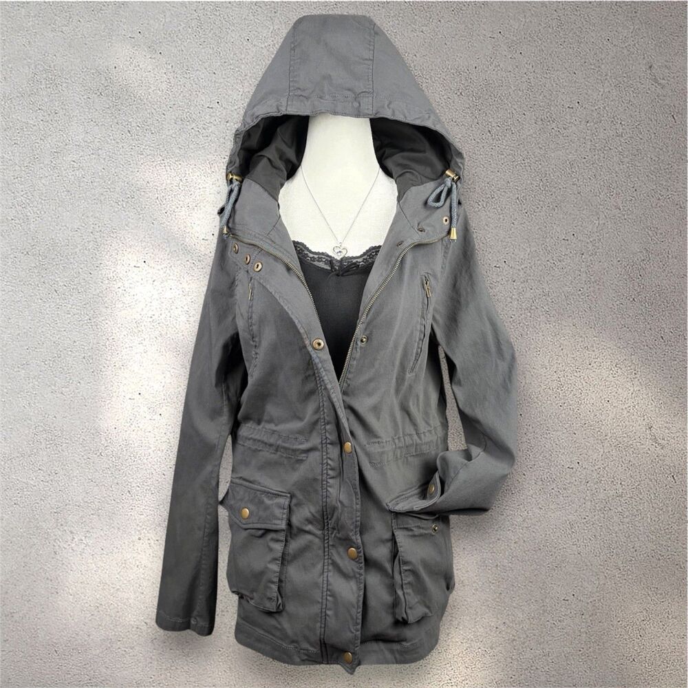 Eden Society Holly Cargo Jacket Women’s L Gray Contrast Hood Gorpcore Grunge